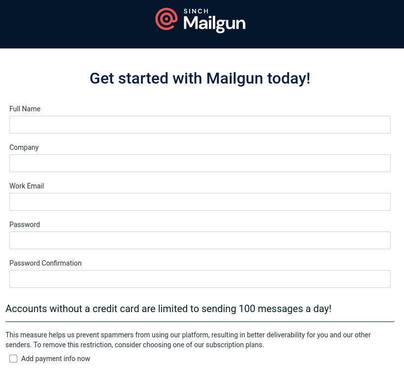 Página de registro de Mailgun. Se observa que la opción de añadir información de pago está desactivada e indica un aviso de que se limita a 100 envíos al día