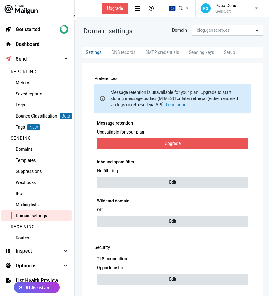 Se ve la como estamos ubicados en la sección Domain Setting de Mailgun.
